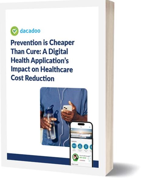 A person using the dacadoo Digital Health Engagement Platform on a smartphone, showcasing features that support healthcare cost reduction through health tracking and engagement.